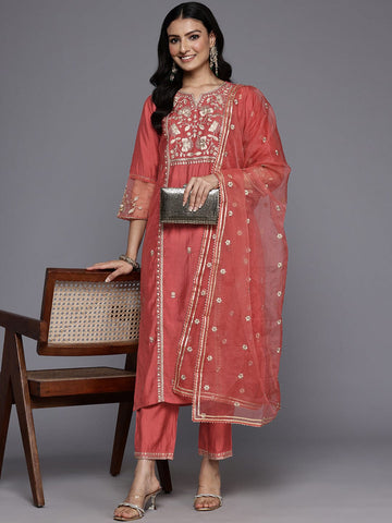 Varanga Women Rust Zari Thread Embroidered Organza Detailed Kurta With Bottom And Dupatta